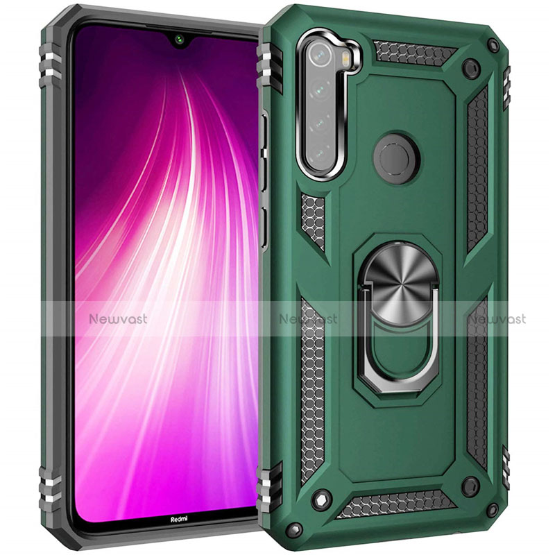 Silicone Matte Finish and Plastic Back Cover Case with Magnetic Finger Ring Stand R05 for Xiaomi Redmi Note 8 Green