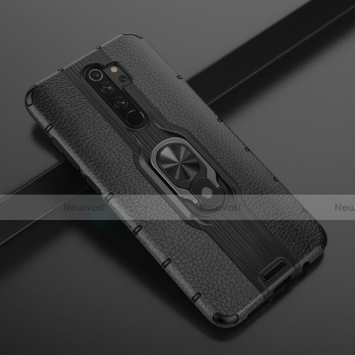 Silicone Matte Finish and Plastic Back Cover Case with Magnetic Finger Ring Stand R05 for Xiaomi Redmi Note 8 Pro Black