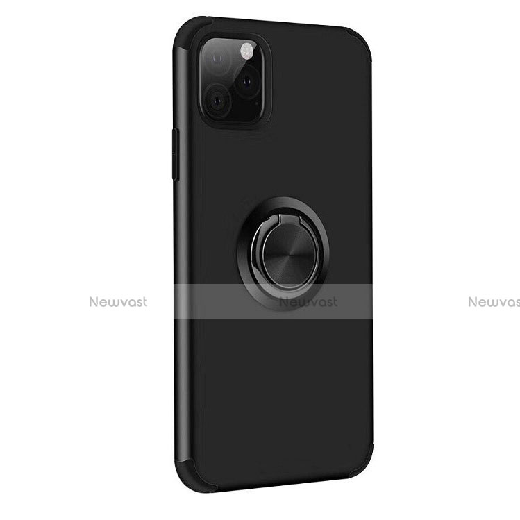 Silicone Matte Finish and Plastic Back Cover Case with Magnetic Finger Ring Stand R06 for Apple iPhone 11 Pro Black
