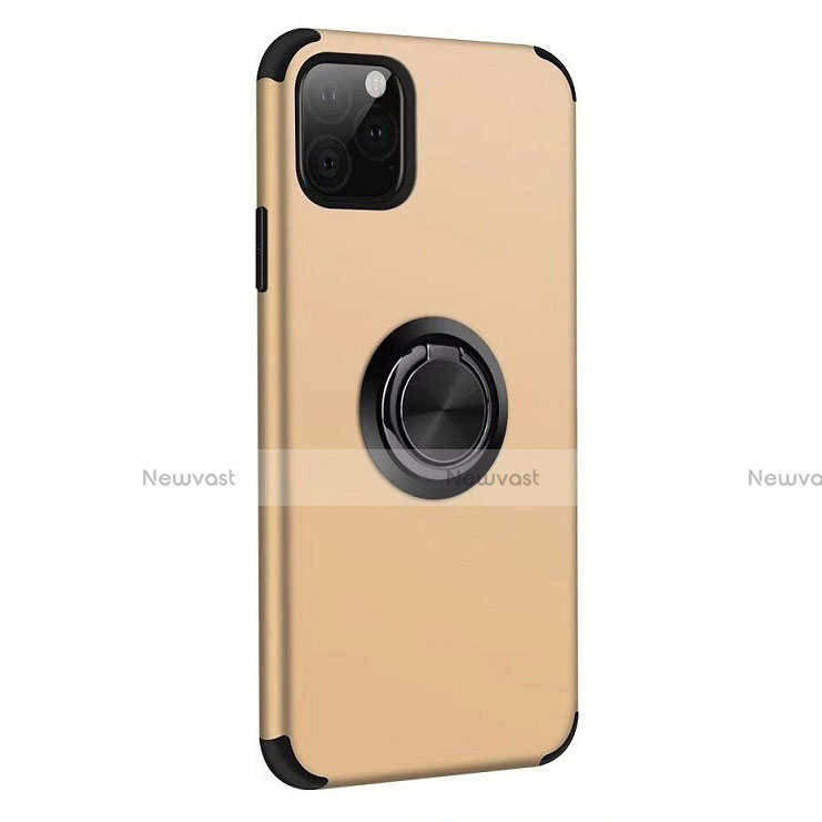 Silicone Matte Finish and Plastic Back Cover Case with Magnetic Finger Ring Stand R06 for Apple iPhone 11 Pro Gold