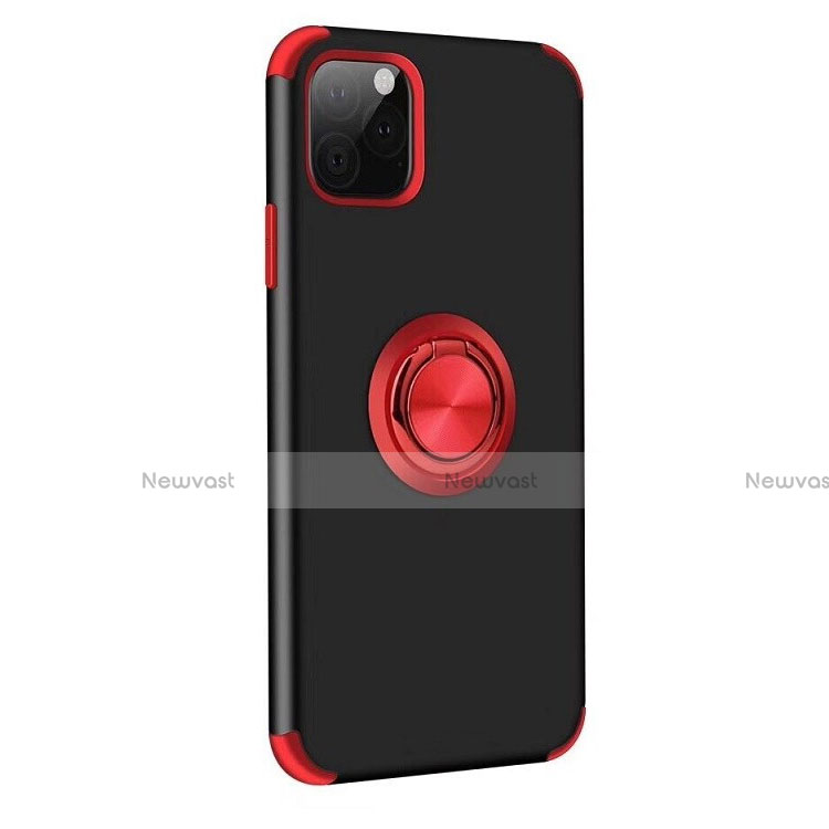 Silicone Matte Finish and Plastic Back Cover Case with Magnetic Finger Ring Stand R06 for Apple iPhone 11 Pro Max Red and Black