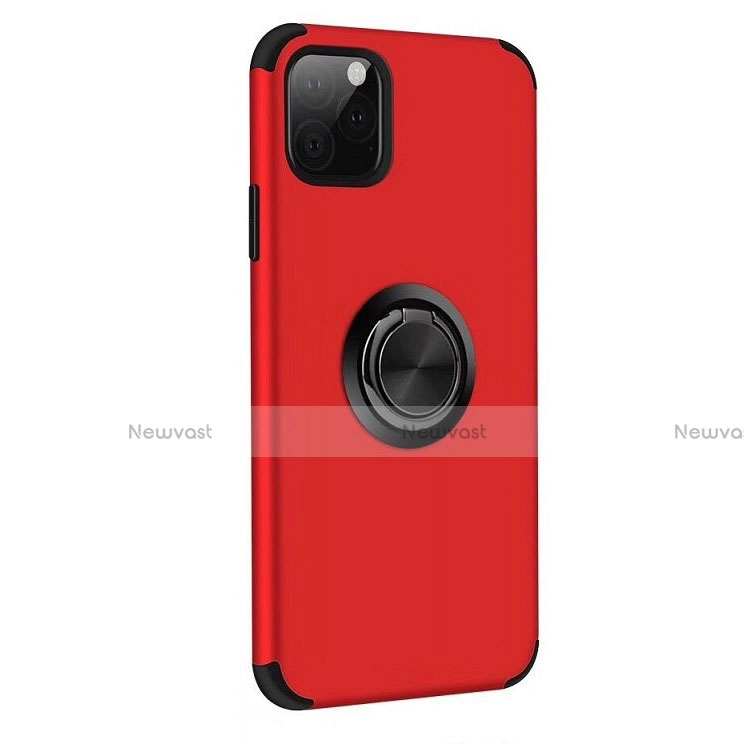 Silicone Matte Finish and Plastic Back Cover Case with Magnetic Finger Ring Stand R06 for Apple iPhone 11 Pro Red