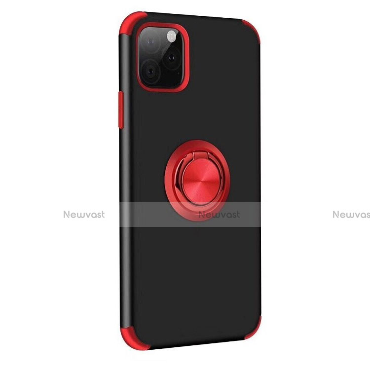 Silicone Matte Finish and Plastic Back Cover Case with Magnetic Finger Ring Stand R06 for Apple iPhone 11 Pro Red and Black