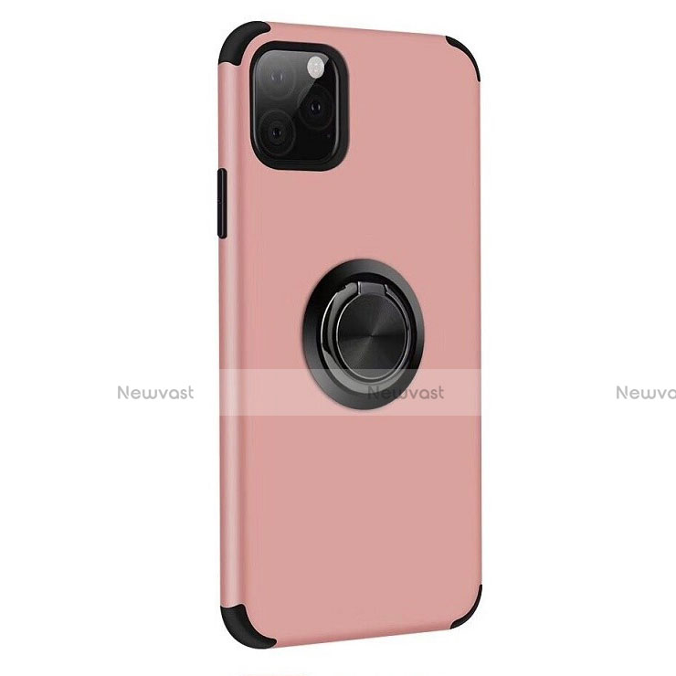 Silicone Matte Finish and Plastic Back Cover Case with Magnetic Finger Ring Stand R06 for Apple iPhone 11 Pro Rose Gold