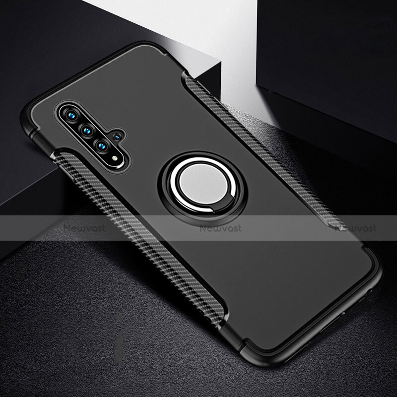 Silicone Matte Finish and Plastic Back Cover Case with Magnetic Finger Ring Stand R06 for Huawei Nova 5
