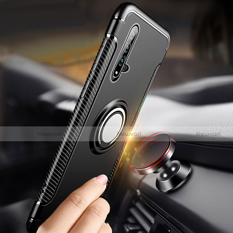 Silicone Matte Finish and Plastic Back Cover Case with Magnetic Finger Ring Stand R06 for Huawei Nova 5