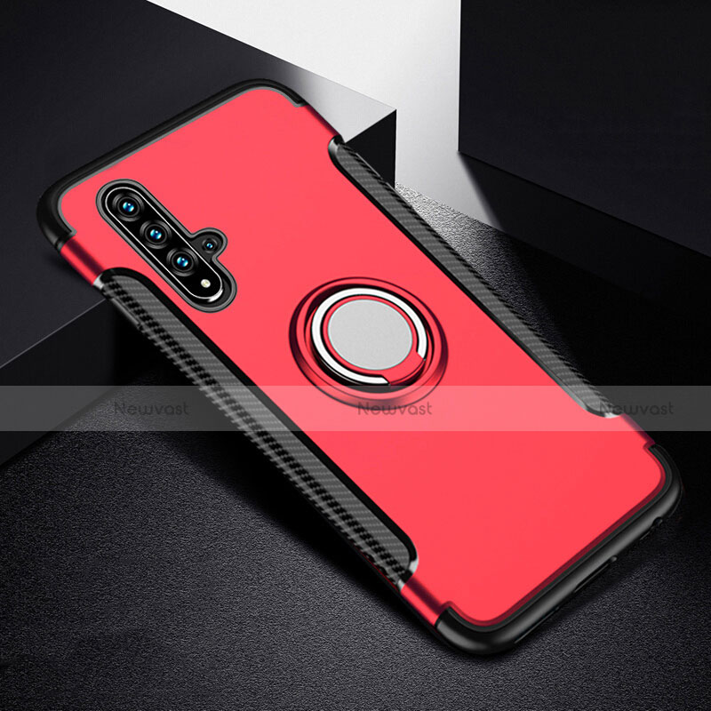 Silicone Matte Finish and Plastic Back Cover Case with Magnetic Finger Ring Stand R06 for Huawei Nova 5 Red