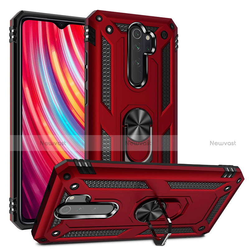 Silicone Matte Finish and Plastic Back Cover Case with Magnetic Finger Ring Stand R06 for Xiaomi Redmi Note 8 Pro