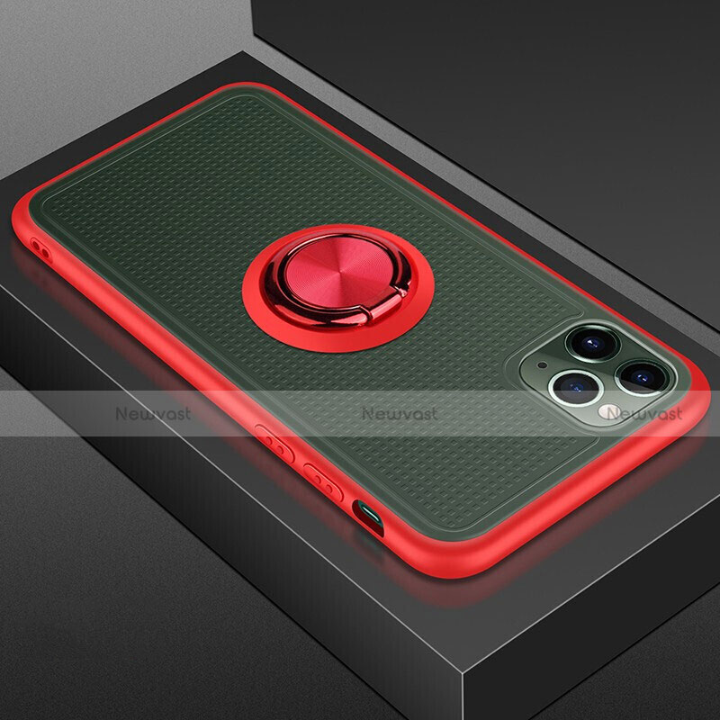 Silicone Matte Finish and Plastic Back Cover Case with Magnetic Finger Ring Stand R07 for Apple iPhone 11 Pro Max Red