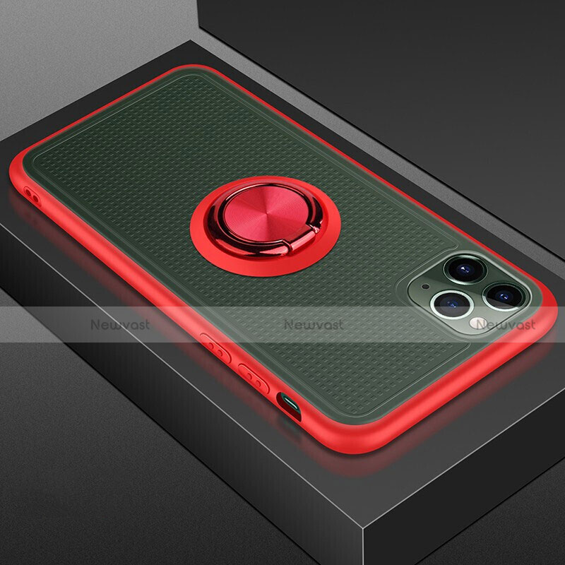 Silicone Matte Finish and Plastic Back Cover Case with Magnetic Finger Ring Stand R07 for Apple iPhone 11 Pro Red