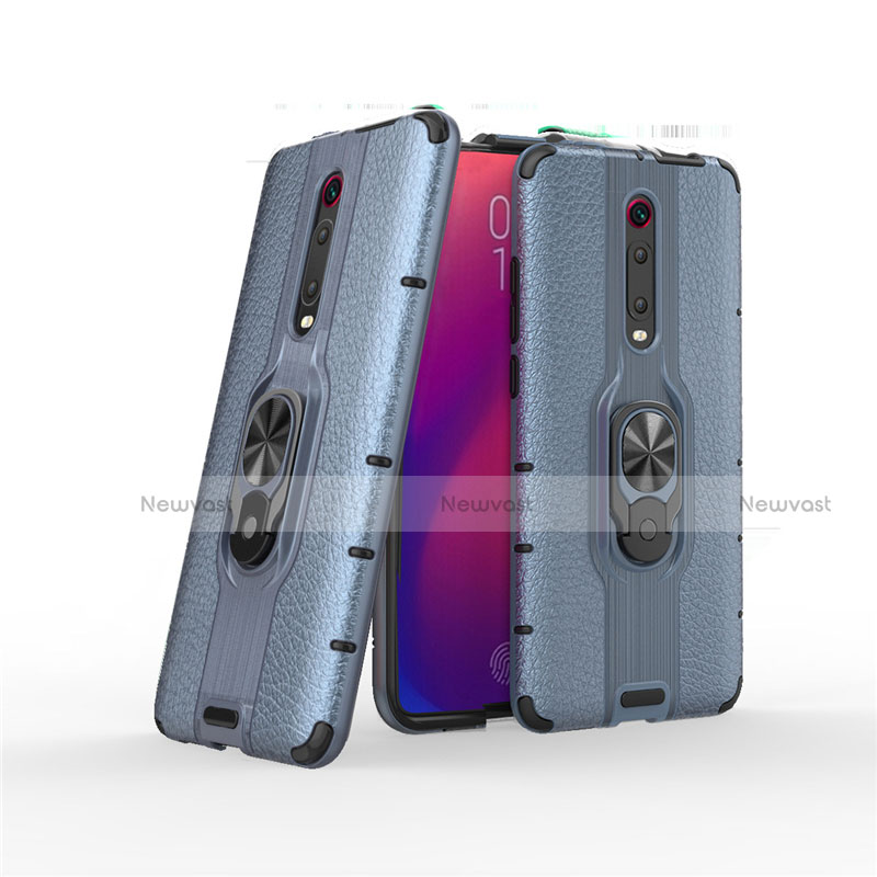 Silicone Matte Finish and Plastic Back Cover Case with Magnetic Finger Ring Stand R07 for Xiaomi Mi 9T