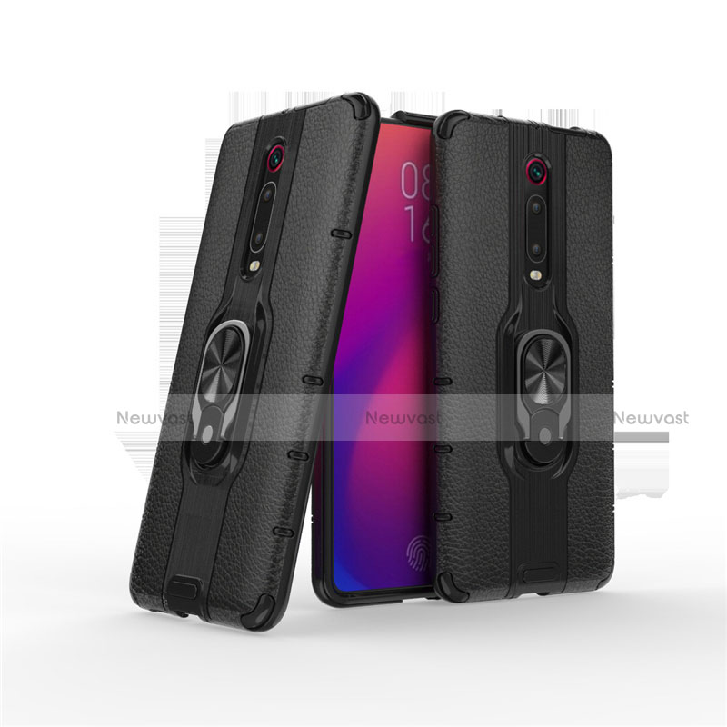 Silicone Matte Finish and Plastic Back Cover Case with Magnetic Finger Ring Stand R07 for Xiaomi Mi 9T