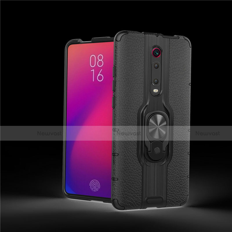 Silicone Matte Finish and Plastic Back Cover Case with Magnetic Finger Ring Stand R07 for Xiaomi Mi 9T
