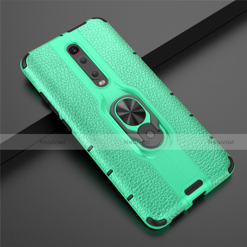 Silicone Matte Finish and Plastic Back Cover Case with Magnetic Finger Ring Stand R07 for Xiaomi Mi 9T Green