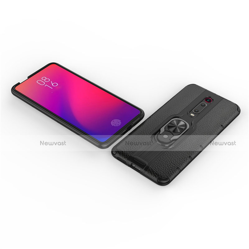 Silicone Matte Finish and Plastic Back Cover Case with Magnetic Finger Ring Stand R07 for Xiaomi Mi 9T Pro