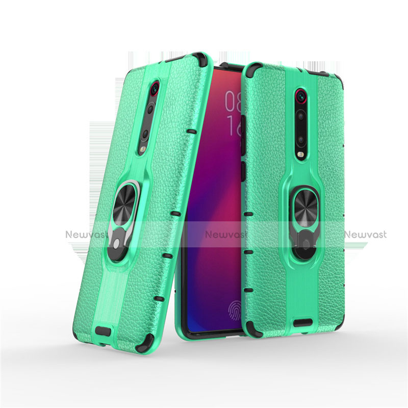 Silicone Matte Finish and Plastic Back Cover Case with Magnetic Finger Ring Stand R07 for Xiaomi Mi 9T Pro