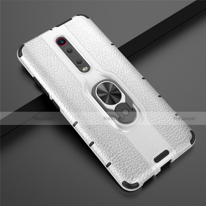 Silicone Matte Finish and Plastic Back Cover Case with Magnetic Finger Ring Stand R07 for Xiaomi Mi 9T Pro Silver
