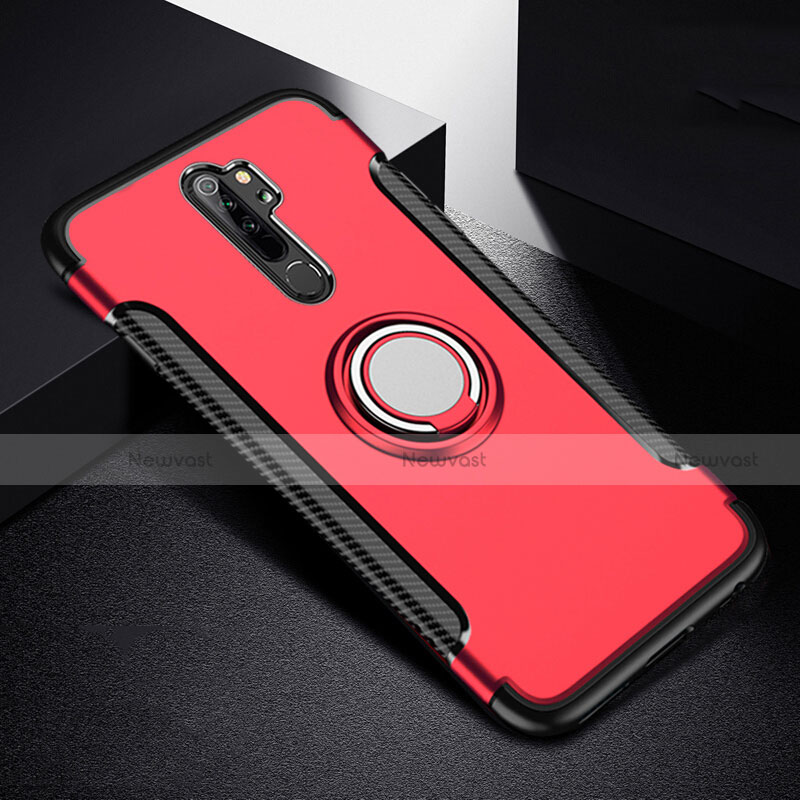 Silicone Matte Finish and Plastic Back Cover Case with Magnetic Finger Ring Stand R08 for Xiaomi Redmi Note 8 Pro Red