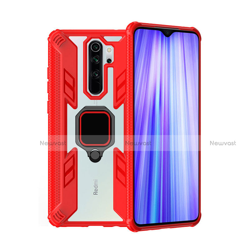 Silicone Matte Finish and Plastic Back Cover Case with Magnetic Finger Ring Stand R09 for Xiaomi Redmi Note 8 Pro