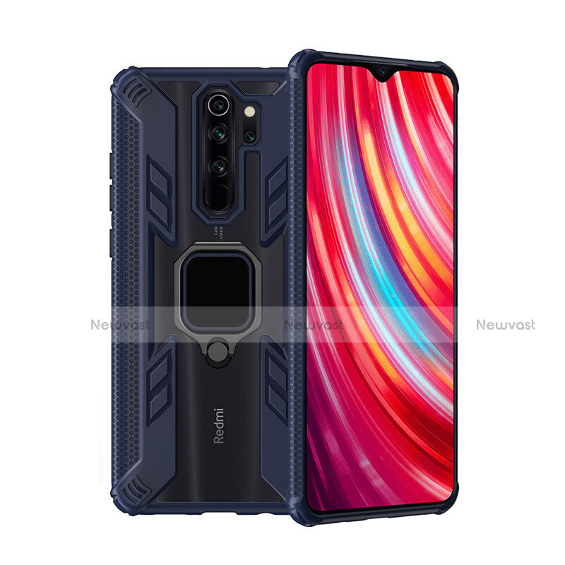 Silicone Matte Finish and Plastic Back Cover Case with Magnetic Finger Ring Stand R09 for Xiaomi Redmi Note 8 Pro Blue