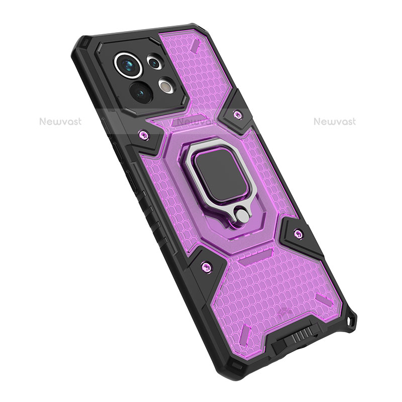 Silicone Matte Finish and Plastic Back Cover Case with Magnetic Finger Ring Stand R10 for Xiaomi Mi 11 5G Purple