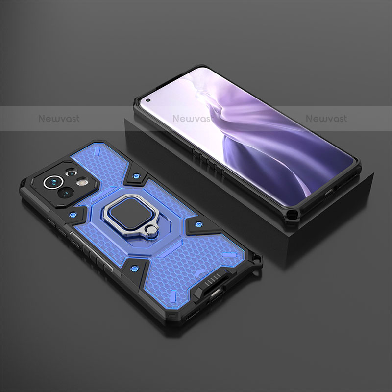 Silicone Matte Finish and Plastic Back Cover Case with Magnetic Finger Ring Stand R11 for Xiaomi Mi 11 5G Blue