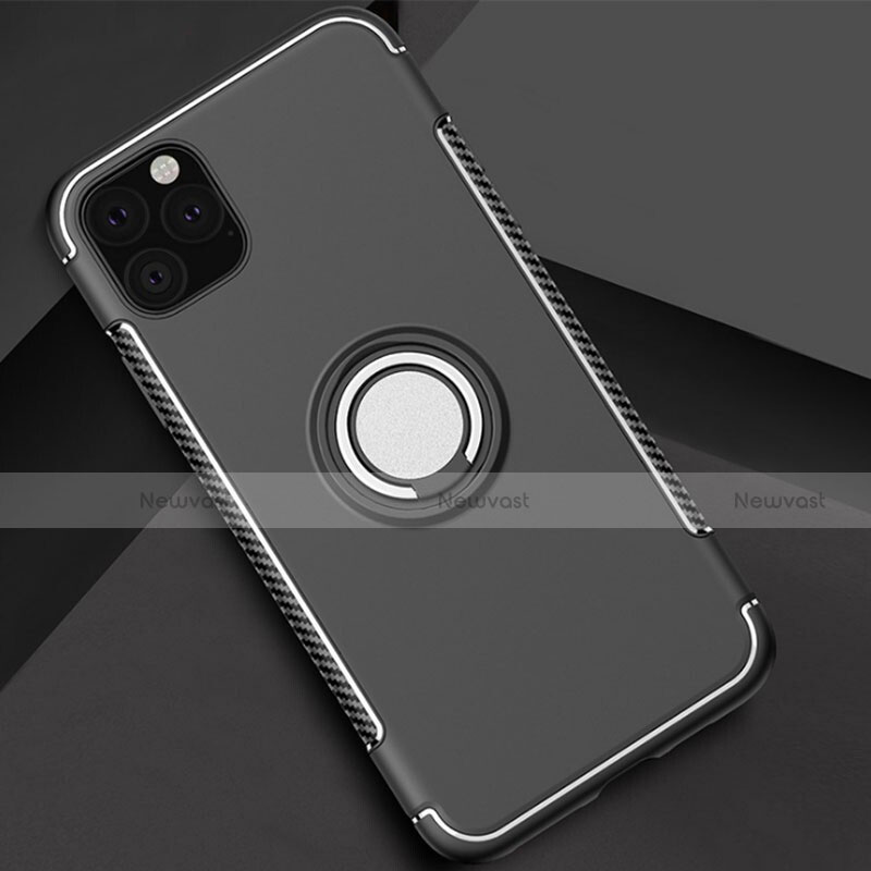 Silicone Matte Finish and Plastic Back Cover Case with Magnetic Finger Ring Stand S01 for Apple iPhone 11 Pro Black