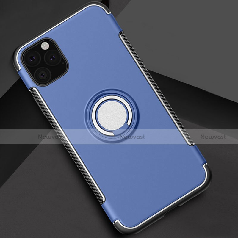 Silicone Matte Finish and Plastic Back Cover Case with Magnetic Finger Ring Stand S01 for Apple iPhone 11 Pro Blue