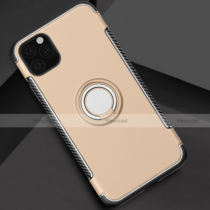 Silicone Matte Finish and Plastic Back Cover Case with Magnetic Finger Ring Stand S01 for Apple iPhone 11 Pro Gold