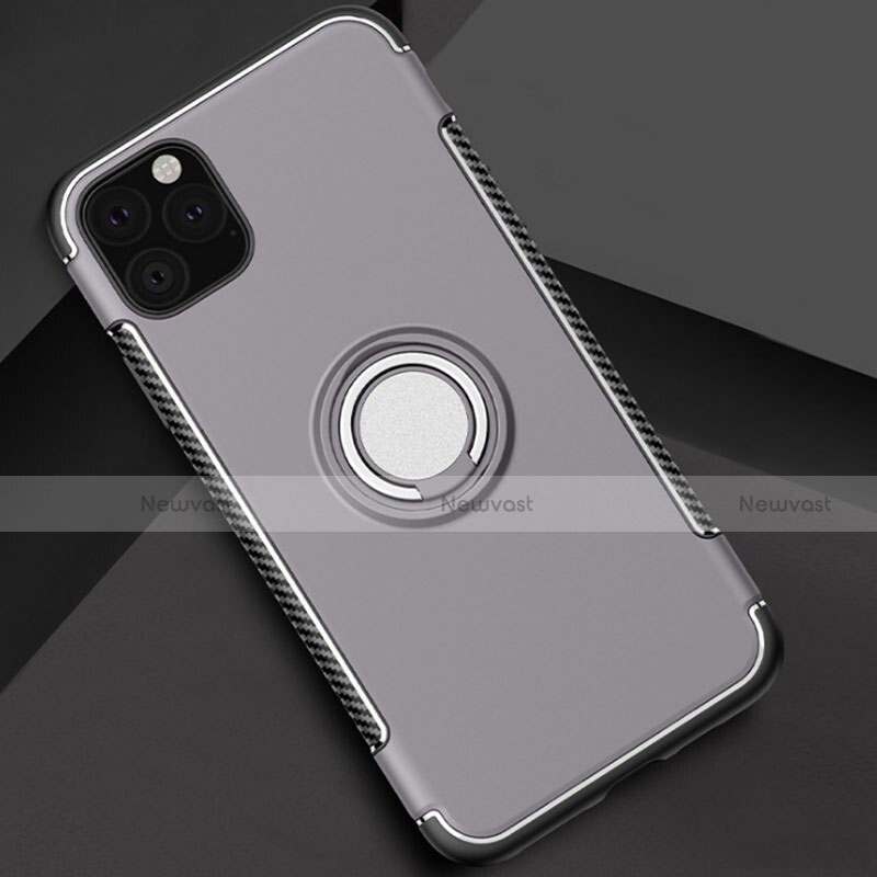 Silicone Matte Finish and Plastic Back Cover Case with Magnetic Finger Ring Stand S01 for Apple iPhone 11 Pro Gray