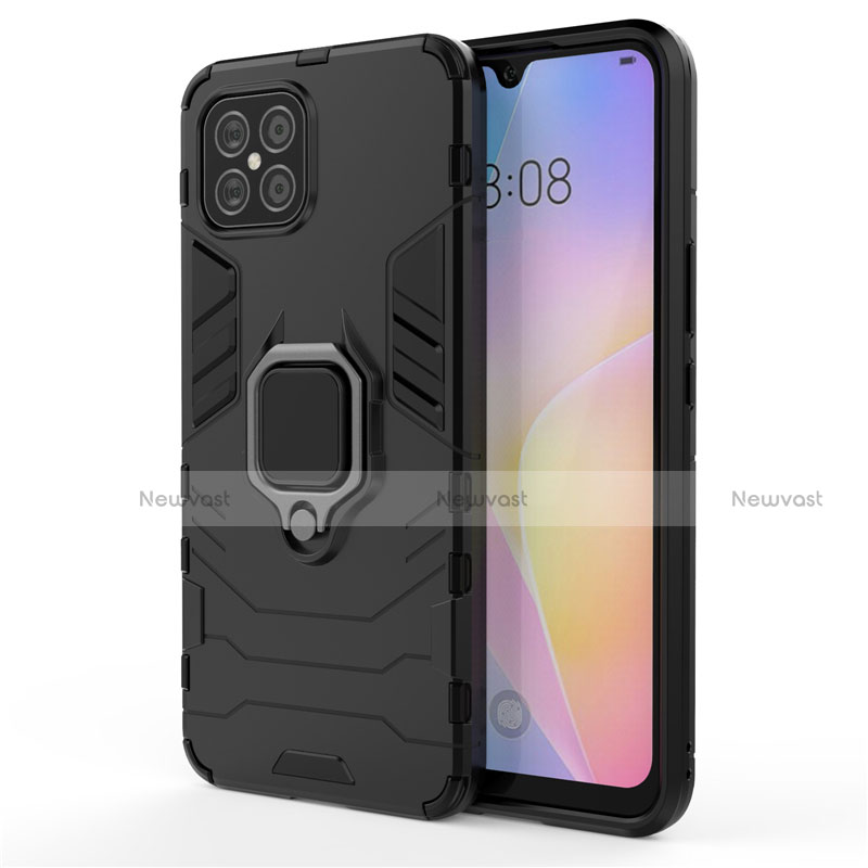 Silicone Matte Finish and Plastic Back Cover Case with Magnetic Finger Ring Stand S01 for Huawei Nova 8 SE 5G Black