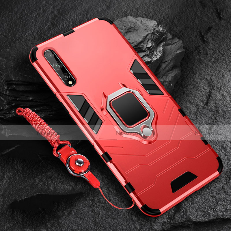 Silicone Matte Finish and Plastic Back Cover Case with Magnetic Finger Ring Stand S01 for Huawei P smart S Red