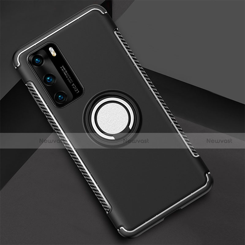 Silicone Matte Finish and Plastic Back Cover Case with Magnetic Finger Ring Stand S01 for Huawei P40