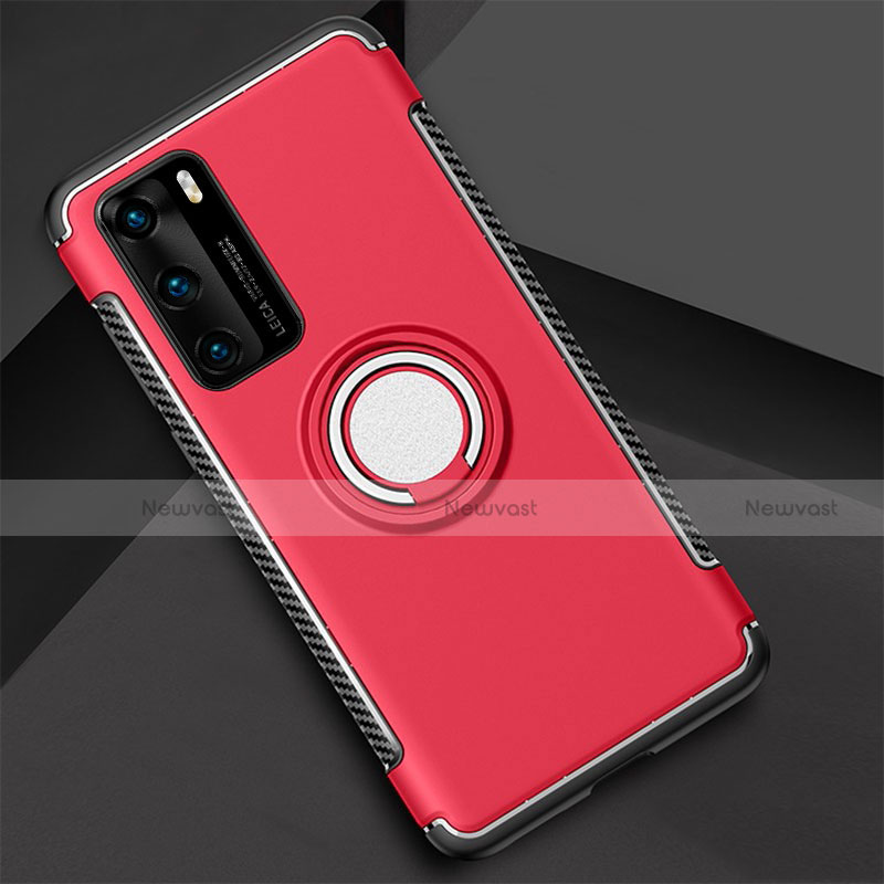 Silicone Matte Finish and Plastic Back Cover Case with Magnetic Finger Ring Stand S01 for Huawei P40