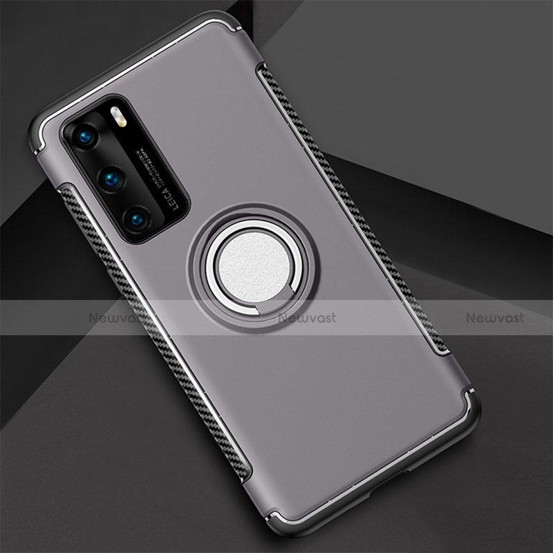 Silicone Matte Finish and Plastic Back Cover Case with Magnetic Finger Ring Stand S01 for Huawei P40