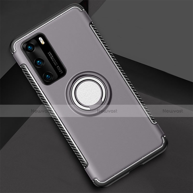 Silicone Matte Finish and Plastic Back Cover Case with Magnetic Finger Ring Stand S01 for Huawei P40 Dark Gray