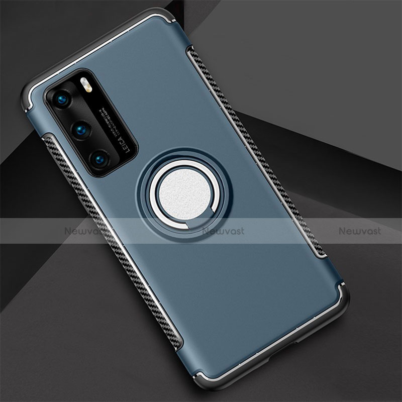 Silicone Matte Finish and Plastic Back Cover Case with Magnetic Finger Ring Stand S01 for Huawei P40 Gray