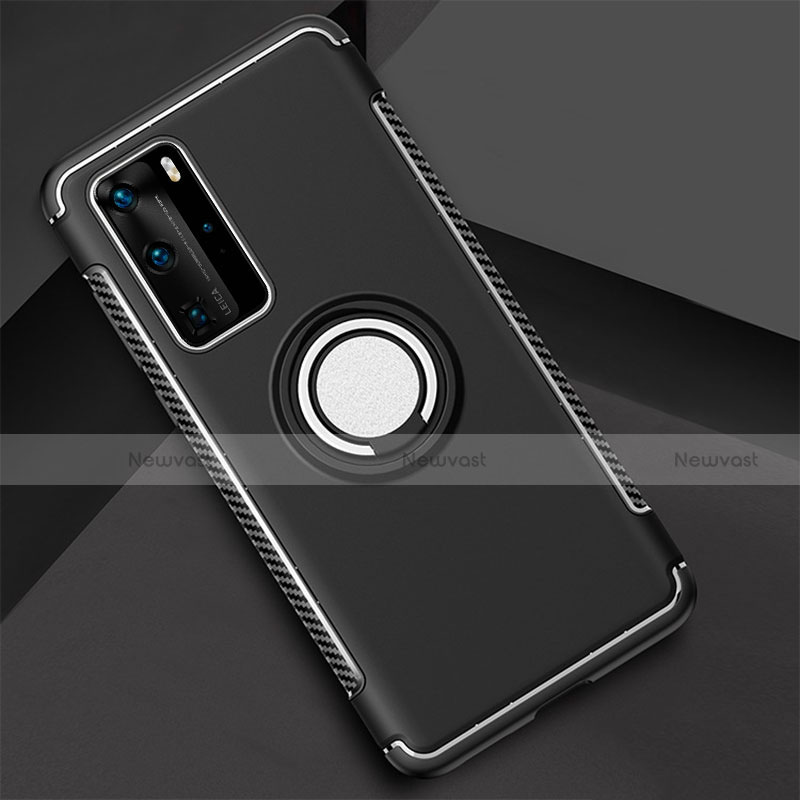 Silicone Matte Finish and Plastic Back Cover Case with Magnetic Finger Ring Stand S01 for Huawei P40 Pro
