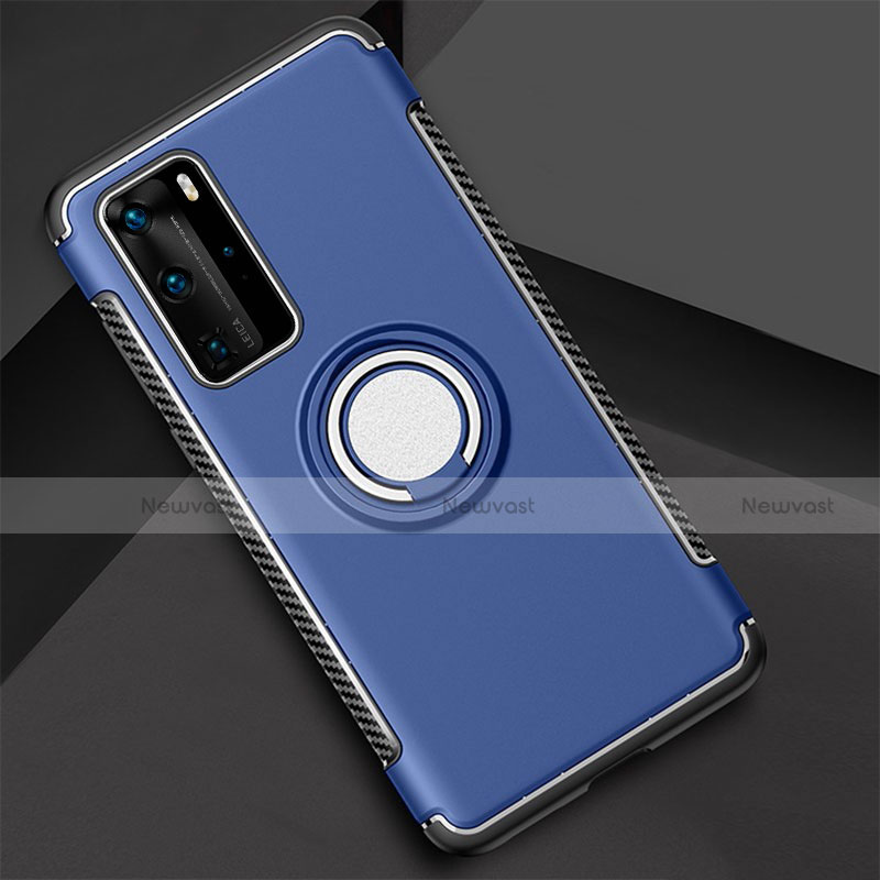 Silicone Matte Finish and Plastic Back Cover Case with Magnetic Finger Ring Stand S01 for Huawei P40 Pro Blue
