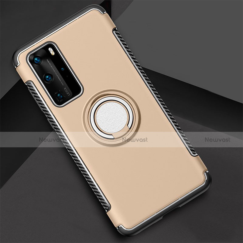 Silicone Matte Finish and Plastic Back Cover Case with Magnetic Finger Ring Stand S01 for Huawei P40 Pro Gold