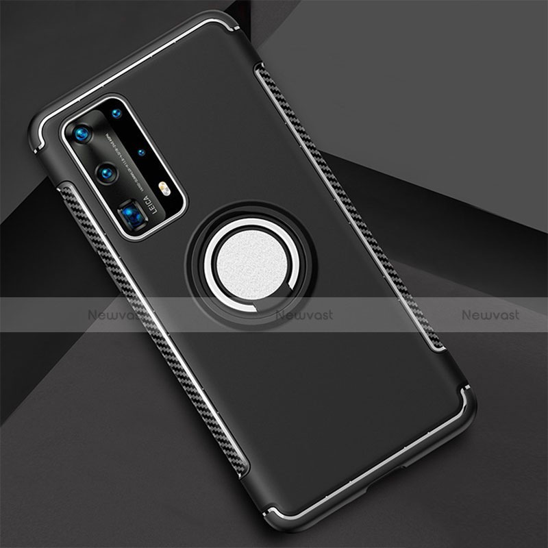 Silicone Matte Finish and Plastic Back Cover Case with Magnetic Finger Ring Stand S01 for Huawei P40 Pro+ Plus