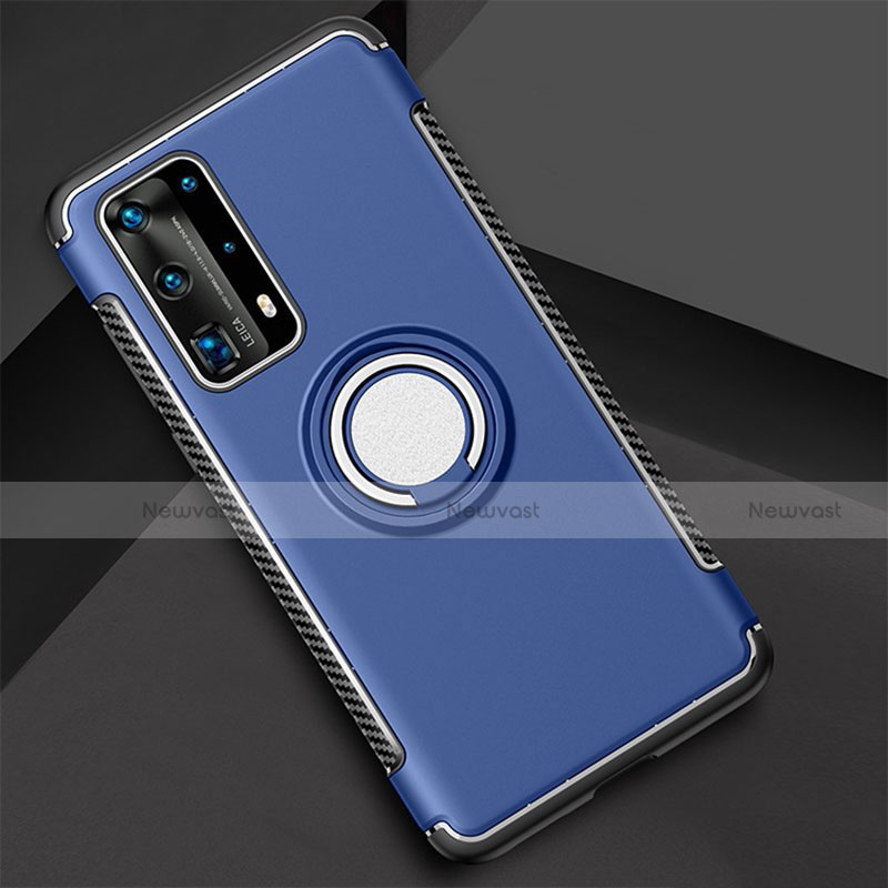 Silicone Matte Finish and Plastic Back Cover Case with Magnetic Finger Ring Stand S01 for Huawei P40 Pro+ Plus Blue