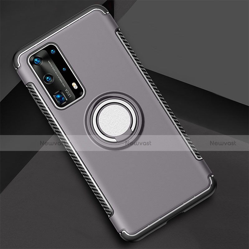 Silicone Matte Finish and Plastic Back Cover Case with Magnetic Finger Ring Stand S01 for Huawei P40 Pro+ Plus Gray