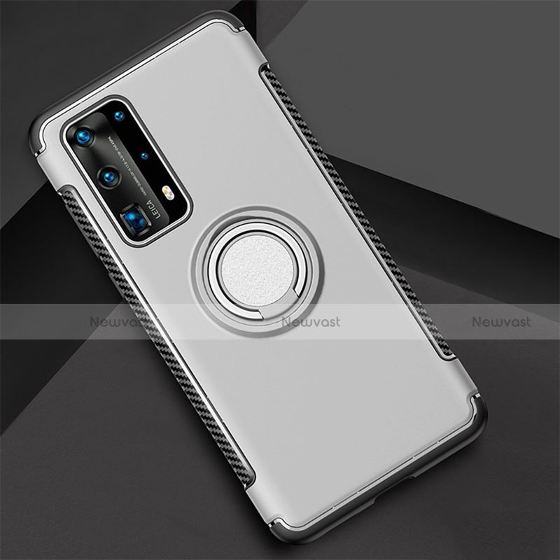 Silicone Matte Finish and Plastic Back Cover Case with Magnetic Finger Ring Stand S01 for Huawei P40 Pro+ Plus Silver