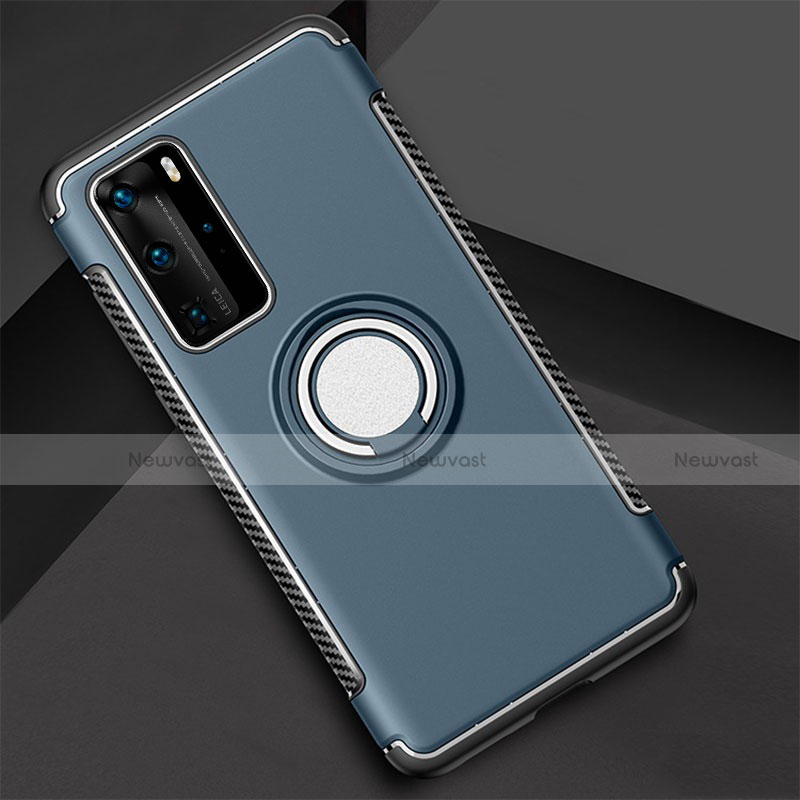 Silicone Matte Finish and Plastic Back Cover Case with Magnetic Finger Ring Stand S01 for Huawei P40 Pro Sky Blue