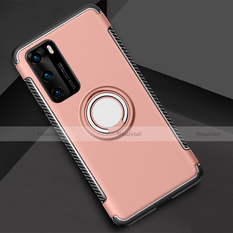 Silicone Matte Finish and Plastic Back Cover Case with Magnetic Finger Ring Stand S01 for Huawei P40 Rose Gold