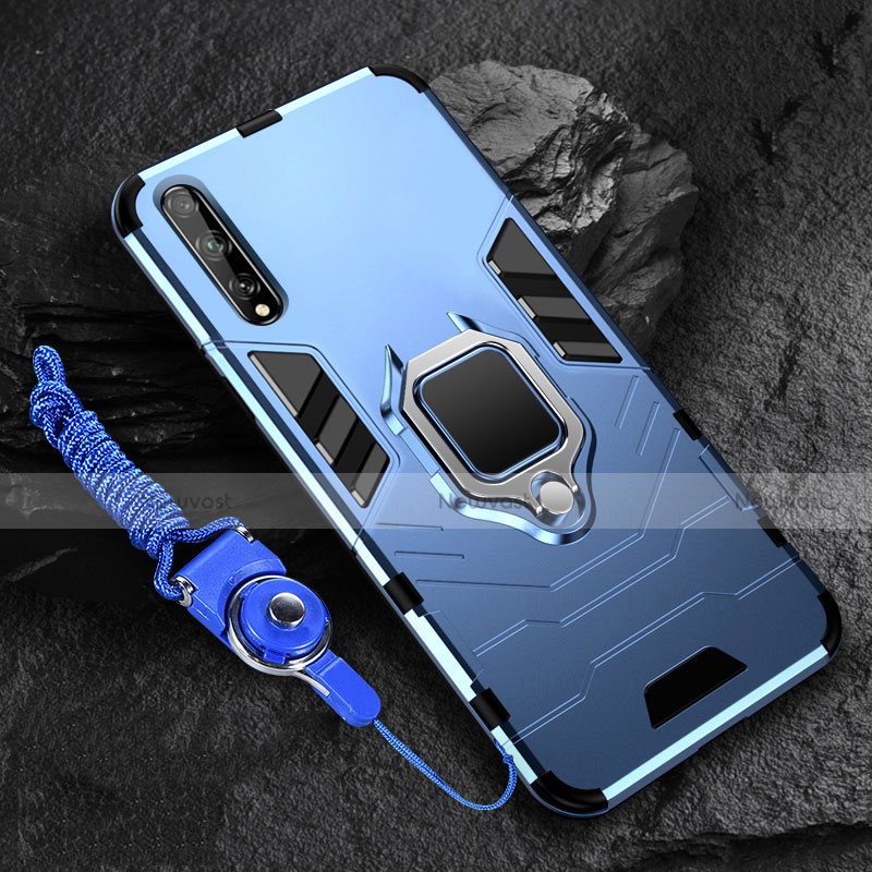 Silicone Matte Finish and Plastic Back Cover Case with Magnetic Finger Ring Stand S01 for Huawei Y8p Blue