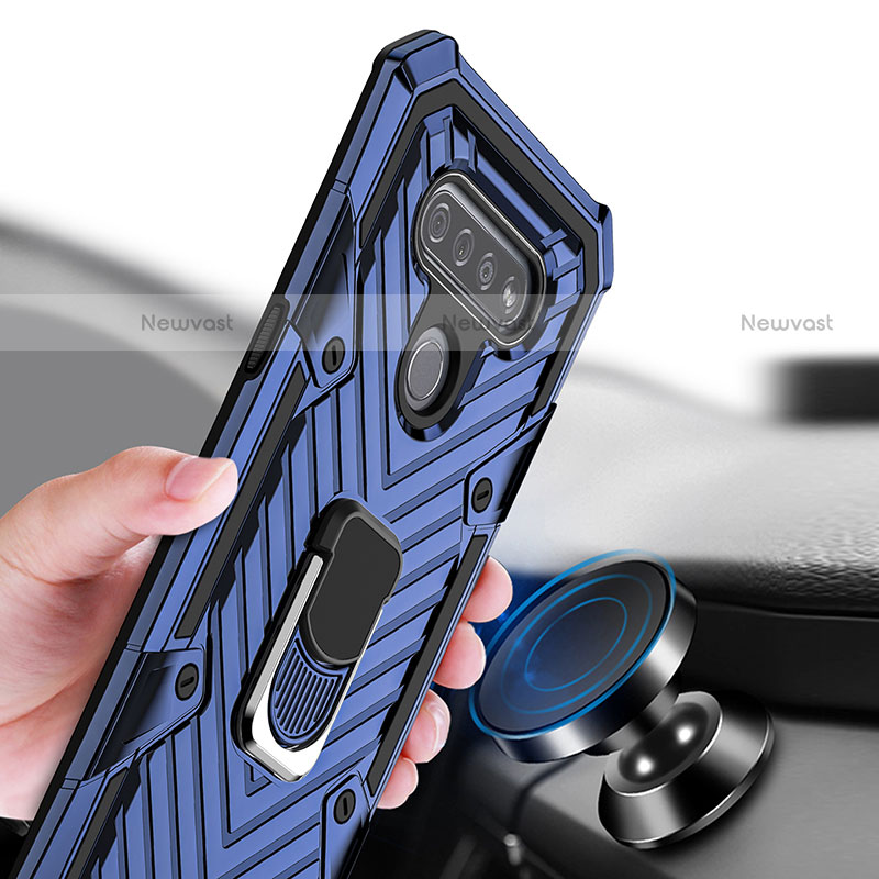 Silicone Matte Finish and Plastic Back Cover Case with Magnetic Finger Ring Stand S01 for LG K51