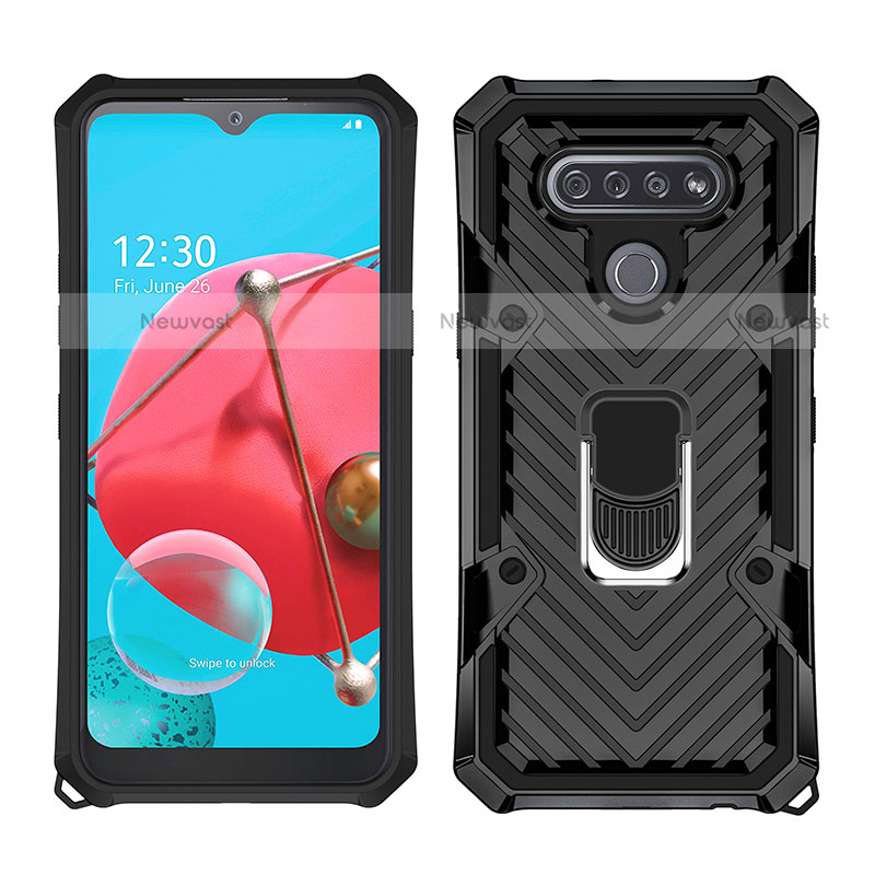 Silicone Matte Finish and Plastic Back Cover Case with Magnetic Finger Ring Stand S01 for LG K51 Black