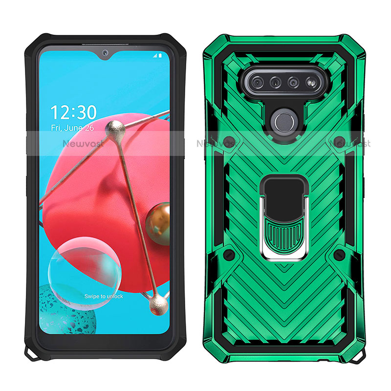 Silicone Matte Finish and Plastic Back Cover Case with Magnetic Finger Ring Stand S01 for LG K51 Green